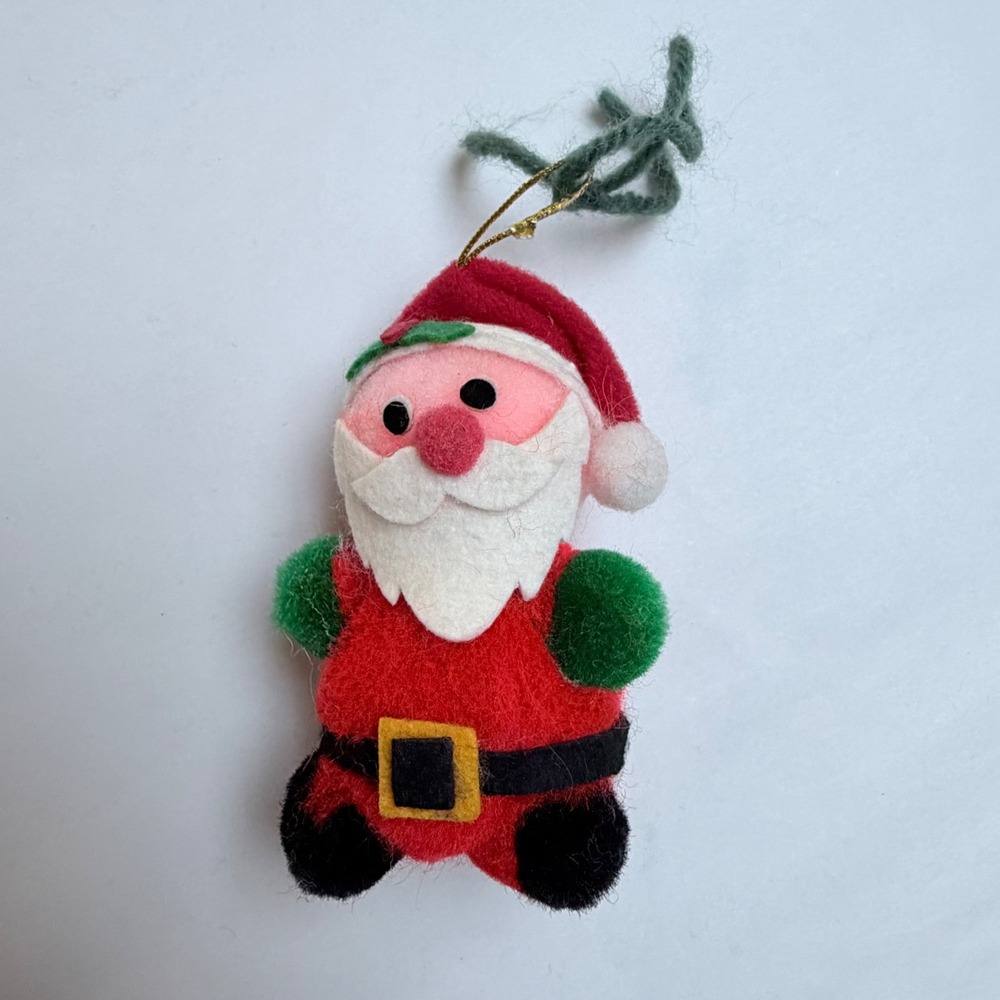 Vintage Flocked Santa Claus Christmas Ornament Red Green Felt 4 Inch Retro Decor